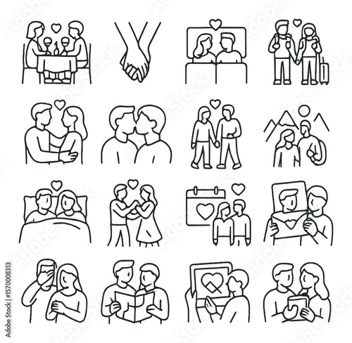 Romantic moments collection, love-themed icons. intimate, couple, and heart symbols set
