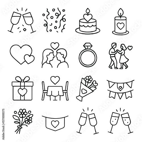 Romantic celebration collection, love and romance icons. wedding and anniversary symbols