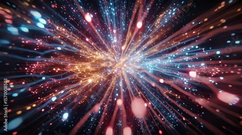An intense burst of blue and red energy exploding outward from the center of the frame, glowing plasma-like streams, vibrant electric colors, dynamic motion, flowing light trails, energy particles sca