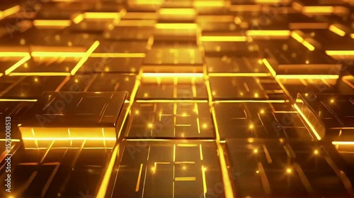 3D cubes grid, frontal view, dark metallic material, glowing golden light emitting from within the grid, high detail, dramatic lighting loop