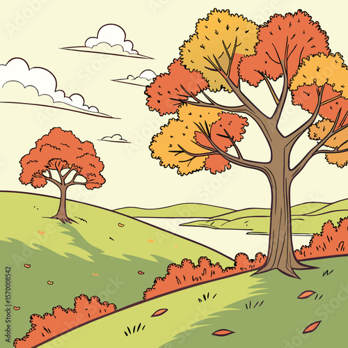 Autumn Landscape Illustration with Trees and Clouds