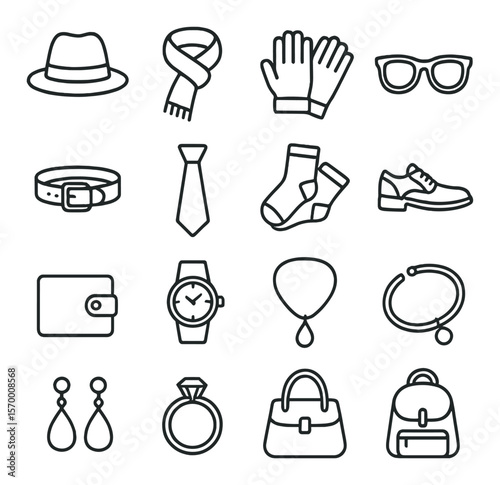 Accessory collection, fashion style icons. apparel, clothing, and accessory design set