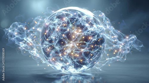 Soft glowing energy sphere on a bright background, semi-transparent edges, radiant light particles gently floating around, ethereal and diffuse shape, not a solid orb, subtle white and blue glow, myst