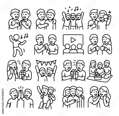 Joyful friends' gathering collection, companion icons. social and community bond symbols set