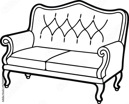 Classic Couch: A black and white line drawing showcasing a sophisticated couch, exuding elegance and comfort, perfect for a stylish interior or design concept.