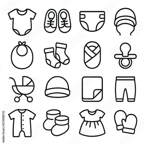 Baby clothing icon collection, infant apparel symbols. newborn fashion design set