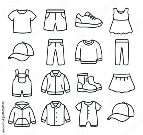 Kids clothing icon collection, children's fashion apparel set. wardrobe essentials pack