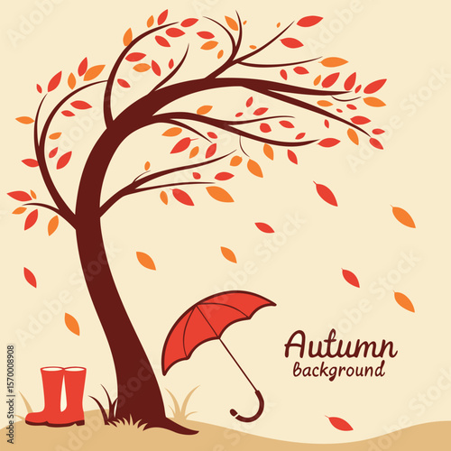 Autumn Tree Umbrella and Boots Illustration with Falling Leaves