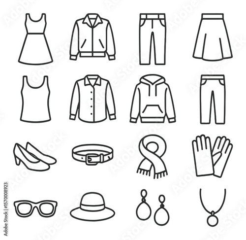 Fashion icon collection, clothing and accessory symbols. apparel and style design set