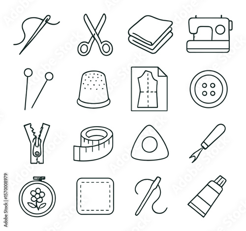 Sewing tools icon collection, crafting supplies. needlework and tailoring elements set