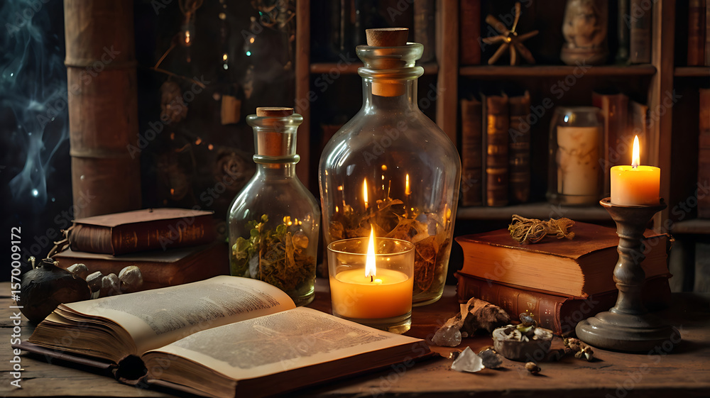 Fototapeta premium Still life with an old wine bottle and glass on a table by a flickering candle flame