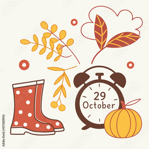 Autumnal Illustration with Boots Clock Leaves and Pumpkin