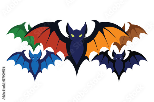 Colorful Halloween Bats Flying Together silhouettes