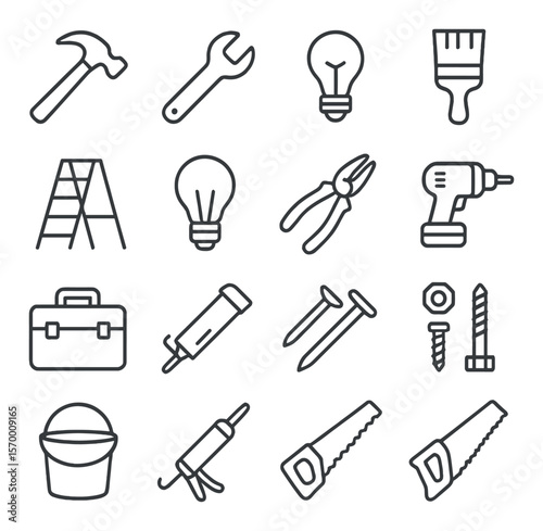 Home repair tools collection, essential diy equipment. renovation and maintenance icons