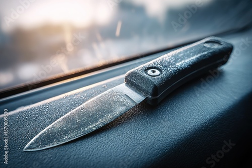 Knife resting on a car window sill with frost on its blade during a chilly morning