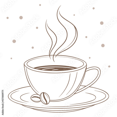 Brown coffee cup with steam and coffee beans on a saucer illustration