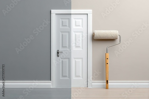 Two-tone room transformation with door and paint roller in modern interior setting