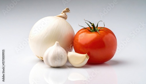 
tomato, food, garlic, onion, red, vegetable, fresh, ripe, tomatoes, white, healthy, organic, vegetarian, vegetables, diet, fruit, agriculture, close up, object