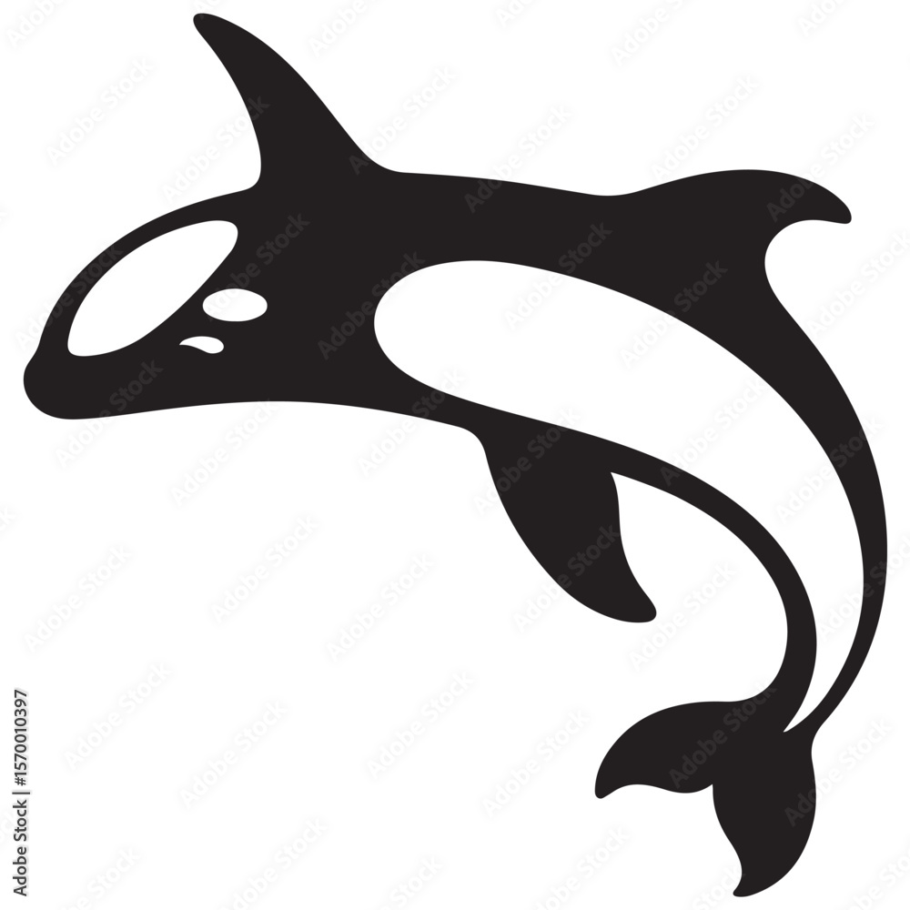 Naklejka premium Minimal Silhouette Orca Logo Vector Illustration – Flat Design Black Killer Whale Icon Isolated on White Background – Simple, Clean, Editable Marine Animal Graphic for Ocean, Wildlife, and Nature Bran