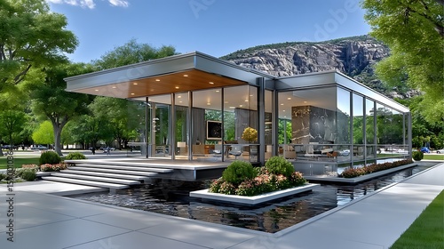 Elegant exterior with large glass windows high resolution photo