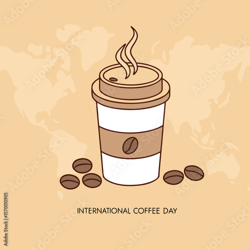 Coffee Cup with Beans and Steam on World Map Background
