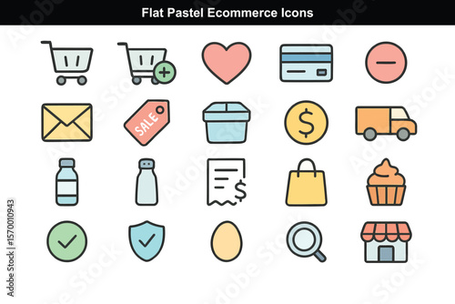Flat Pastel Ecommerce Icons with Cart and Payment Symbols