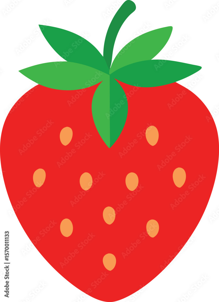 Obraz premium Strawberry Delight: A vibrant graphic illustration of a ripe, juicy strawberry with bright red color and its green leaves. The ideal visual for depicting the freshness of a delectable treat.