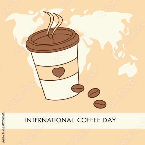 Coffee Cup with Heart and Beans on World Map Background