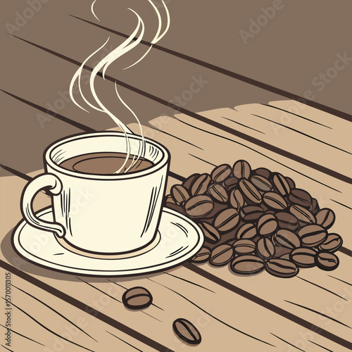 Coffee Cup with Steam Coffee Beans on Wooden Table Illustration