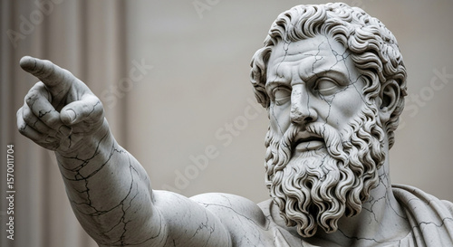 Ancient greek statue of zeus pointing finger, classical sculpture art and history, marble bust of god
