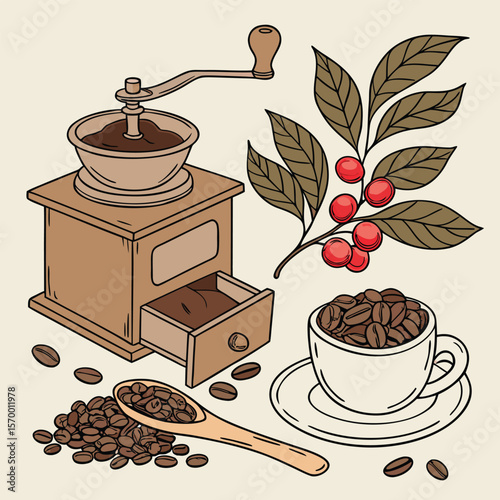 Coffee Grinder Coffee Beans Cup Spoon and Coffee Branch Illustration
