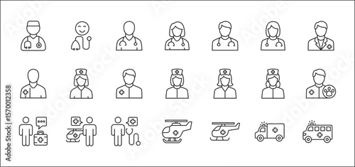 Doctor icon set. Healthcare icons. Digital doctor health consulting symbol. Icon symbol related to hospital, health, care, ambulance, helicopter, clinic, medic, medical, nurse. Vector illustration