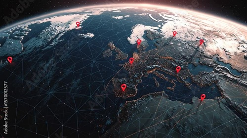 Earth globe view from space with red location pins over europe asia and africa continents map network