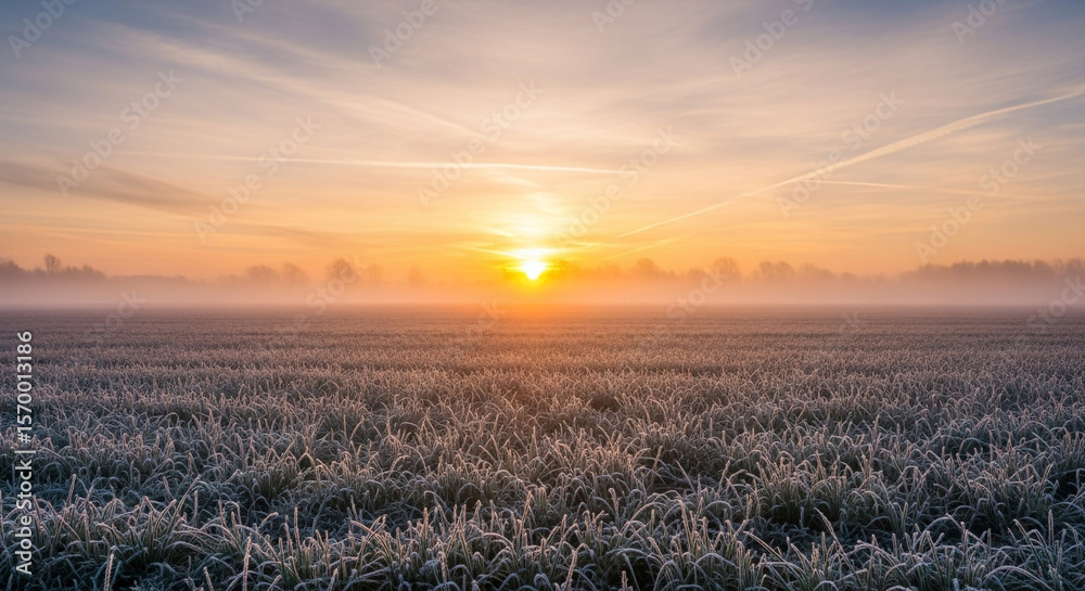 Frosty field sunrise landscape photography morning fog nature scenic view winter season outdoor environment Frosty field sunrise landscape photography morning fog nature scenic view winter season outdoor environment