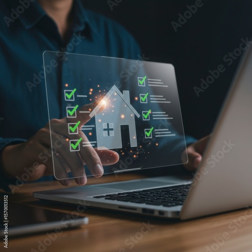 Man interacting with a digital checklist for a house on a transparent screen