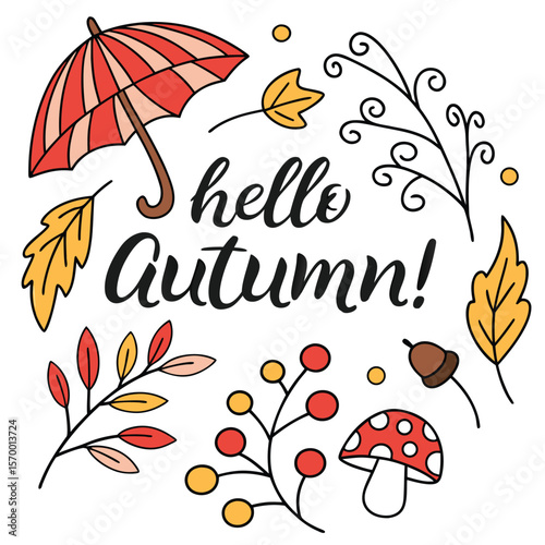 Hello Autumn Illustration with Umbrella Leaves Berries and Mushroom