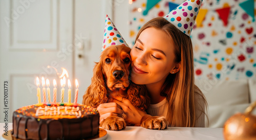 A happy woman and her cocker spaniel celebrate a birthday party, both wearing festive hats, with a cake