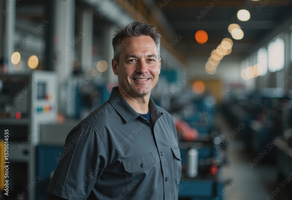 Fototapeta premium Rotary molding operator smiling in a plastics manufacturing facility