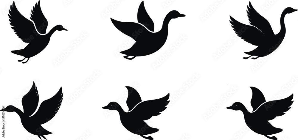 Obraz premium Silhouette Flying Ducks Vector Icons Set – Black Bird Clipart