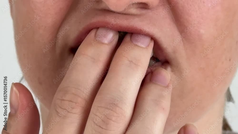 A woman uses chewing tobacco. 