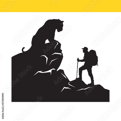Majestic Mountain Encounter Hiker and Cougar Silhouette