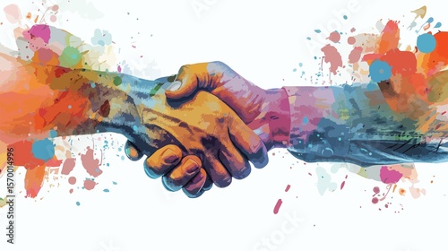Artistic handshake illustration displaying collaboration, partnership, and agreements with paint splatter designs on a white background.
