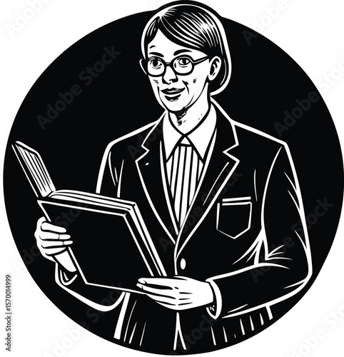 Knowledge in Circle: A distinguished woman, wearing glasses and a suit, absorbed in the pages of an open book within a circular frame, capturing intelligence and erudition.