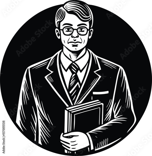 The Knowledgeable Leader: A portrait of a confident professional, impeccably dressed in a suit, holding a book. The image exudes wisdom and authority.