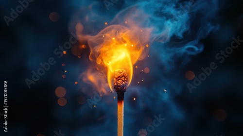 Lit matchstick with a bright flame on it
