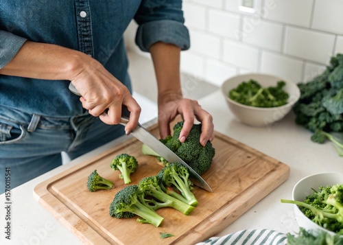 Cutting Fresh Broccoli on a Wooden Board