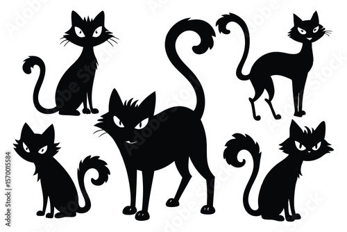 Black cats silhouettes spooky halloween creatures vector