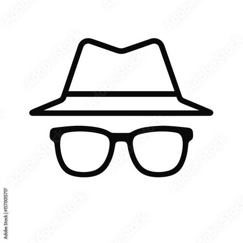 Black outline of a hat and glasses icon on a white background. incognito 