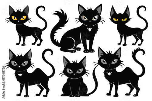 Black cats with yellow and grey eyes halloween silhouettes