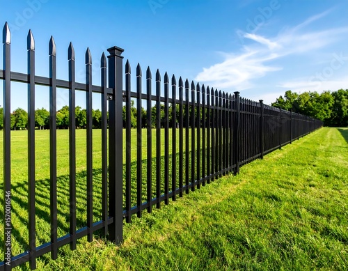 Black metal fence stretches through a grassy field